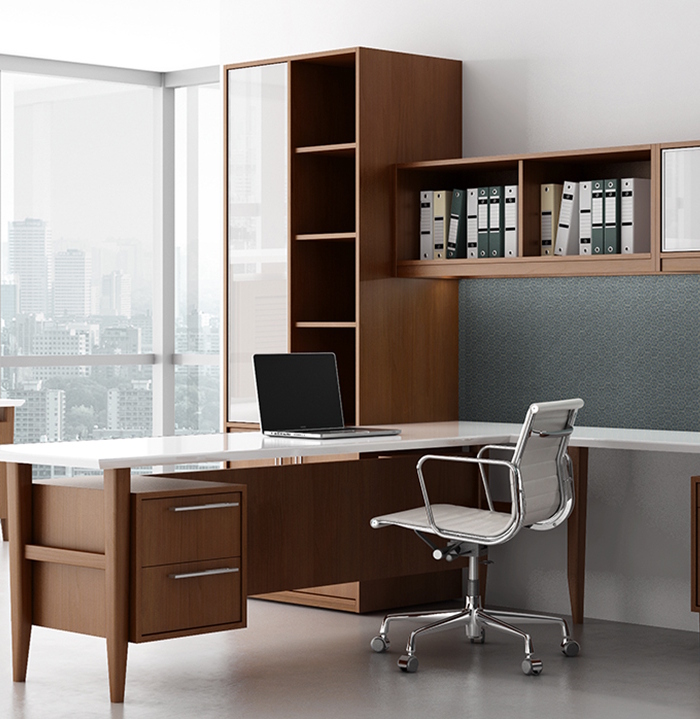 modern executive office desk with storage bins and vertical storage unit and modern desk chair with chrome base