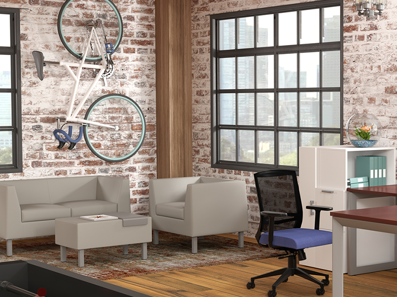 office lounge seating Comel Zoey brand series sofa and side chair with reception area and desk chair